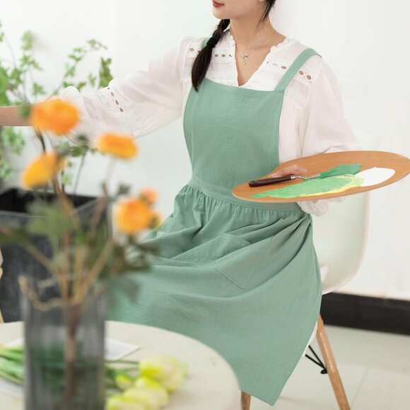 Cotton Linen Pinafore Apron Dress for Women with Pockets Cute Art Chef Aprons fo - Picture 2 of 7